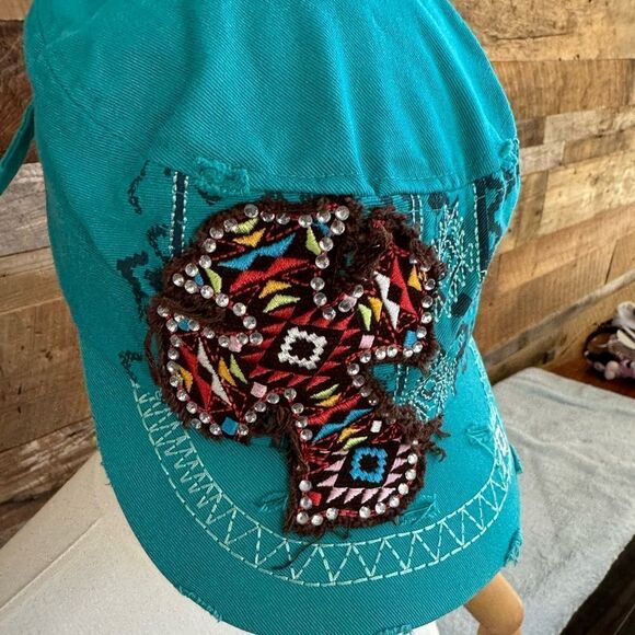 KBethos Women's teal Distressed southwest goth jewels hook & loop cross adj hat - Picture 4 of 6